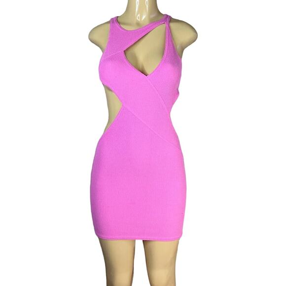 PrettyLittleThing Ribbed Multi Cut Out Detail Bodycon Dress Bright Pink SZ 8 - Picture 1 of 11